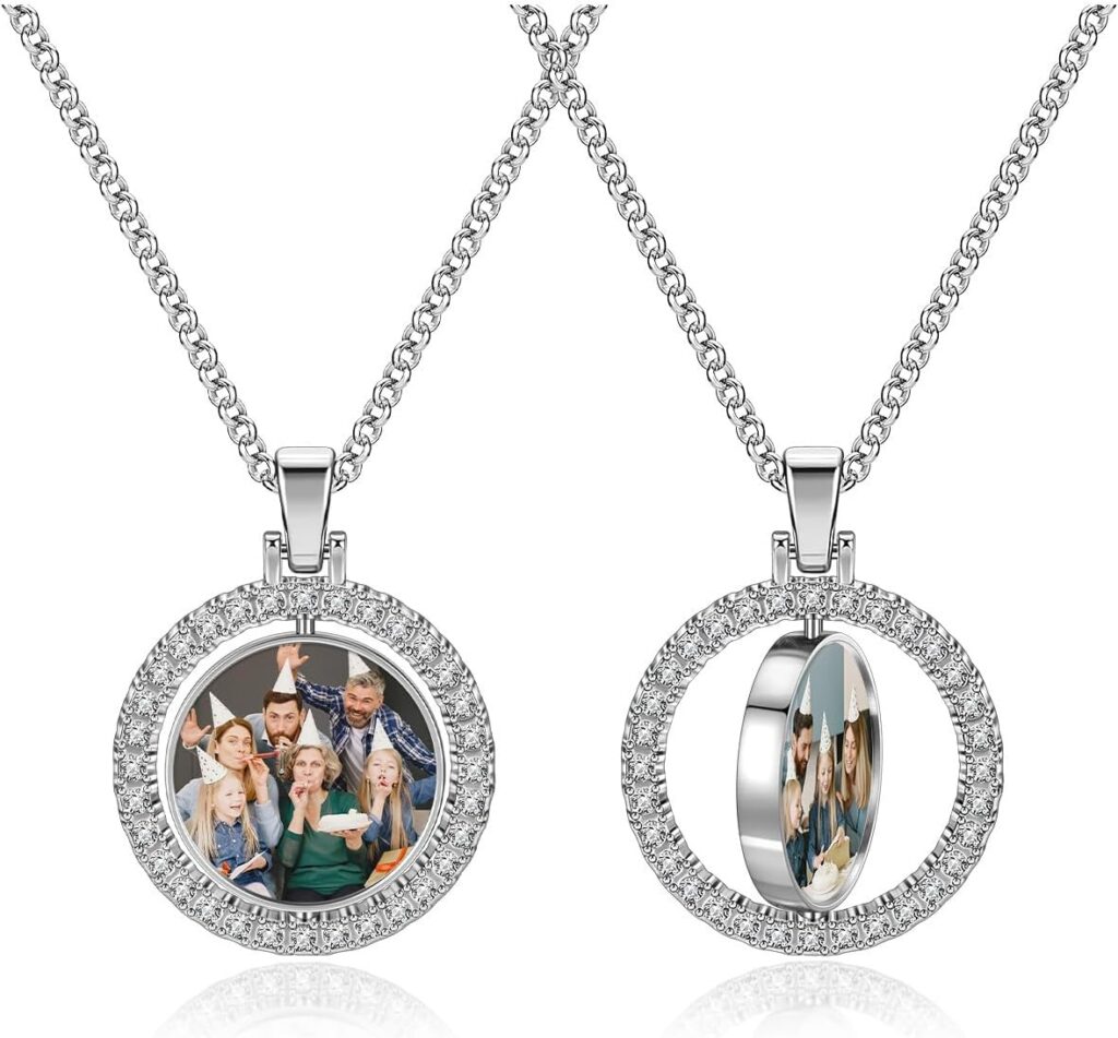Zysta Personalized Picture Necklace Double Sided Photo Custom Memory Pendant Full Color Photo Engraved Rotating Necklace Hip Hop Jewelry for Men and Women