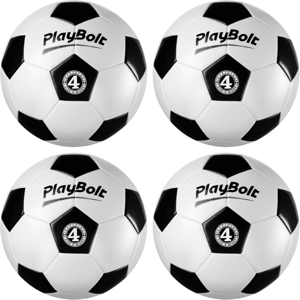 Soccer Ball Size 4 – (1-Pack or 4-Pack) Premium PVC Leather Cover – Durable Youth Training, Practice & Recreation Ball for Kids Ages 8-12, Includes Pump