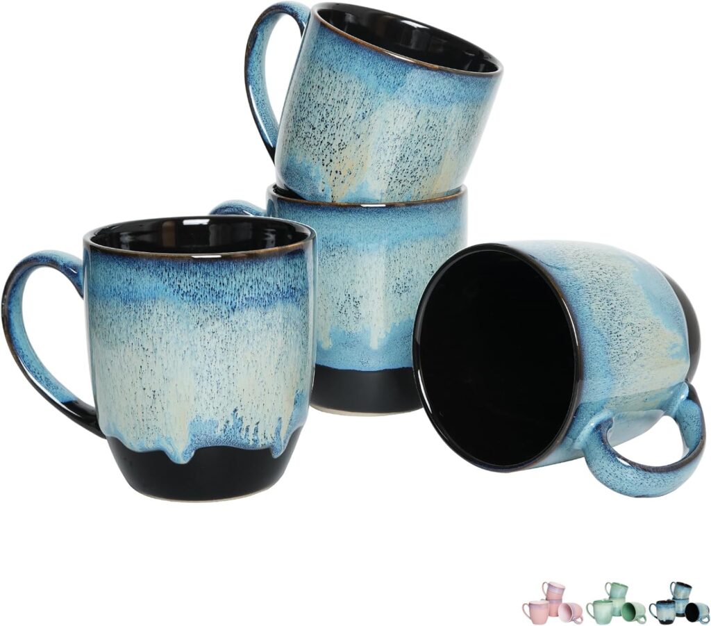 Bosmarlin Ceramic Coffee Mug Set of 4, 17 Oz, Blue Stoneware Coffee Cups with Big Handle, Microwave Safe, Unique Reactive Glaze (17 Oz, Blue)
