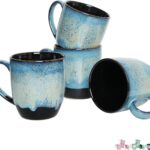 Bosmarlin Ceramic Coffee Mug Set of 4, 17 Oz, Blue Stoneware Coffee Cups with Big Handle, Microwave Safe, Unique Reactive Glaze (17 Oz, Blue)