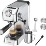 Espresso Machine 20 Bar – Stainless Steel Silver Coffee Maker for Home & Office, Compact with Fast Heating, High-Pressure & Removable Water Tank for Coffee Lovers