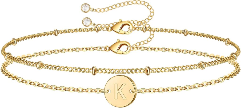 MONOZO Gold Initial Bracelets for Women – Dainty 14K Gold Plated Layered Beaded Letter Initial Bracelet Personalized 26 Alphabet Disc Monogram Charm Bracelet Jewelry Gifts for Women