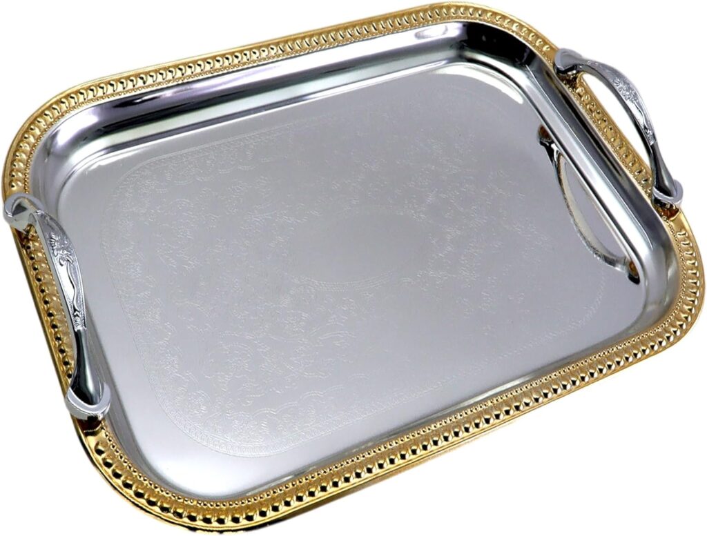 13.8 inch x 9.4 inch Oblong Chrome Plated Mirror Silver Serving Tray with Handles Stylish Design Floral Engraved Iron Gold Edge Decorative Party Birthday Buffet Platter Plate FST-023