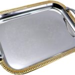 13.8 inch x 9.4 inch Oblong Chrome Plated Mirror Silver Serving Tray with Handles Stylish Design Floral Engraved Iron Gold Edge Decorative Party Birthday Buffet Platter Plate FST-023
