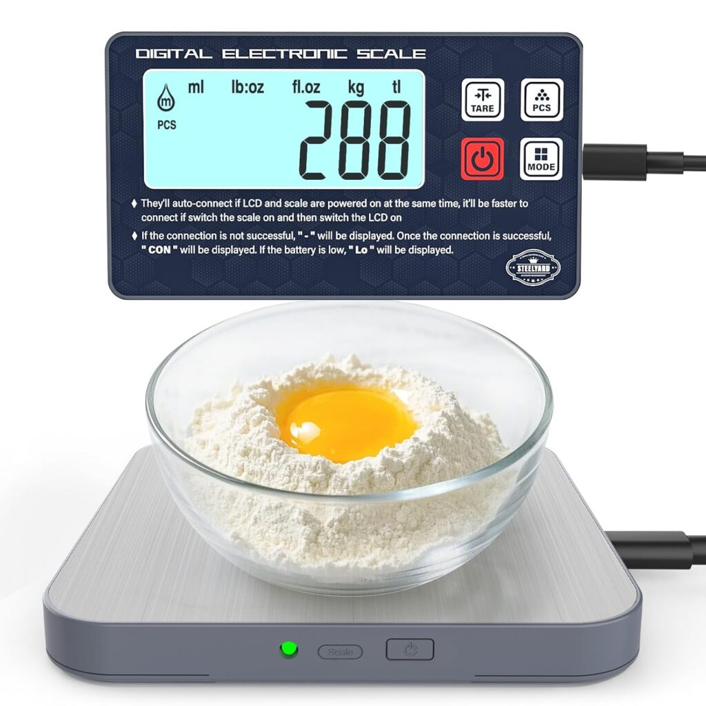Rechargeable Digital Kitchen Food Scale – Detachable Display Electronic Weight Scale for Bread Making & Coffee Brewing, 304 Stainless Steel Platform, Backlit LCD, Count Mode, Wall-Mount & Tilt Stand