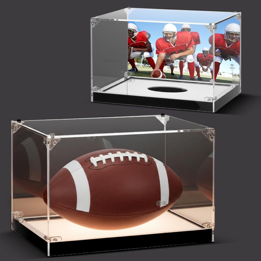 Tioncy Football Display Case with LED Light and Insert Photo Full Size Clear Acrylic Football Display Stand Holder Hobby Box UV Protection Dust Proof Removable for Autographed Ball and Memorial Gift