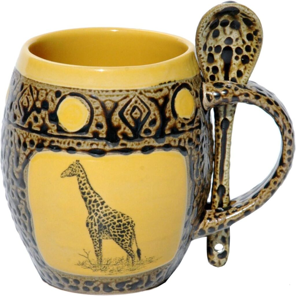 ALWAYS AZUL POTTERY Giraffe Mug with Spoon in Dark Yellow – Handmade Ceramic Coffee Mug – Stylish and Unique Handcrafted Artistic Drinkware – Polished Clay Cups, Great for Coffee, Tea, and Art Lovers
