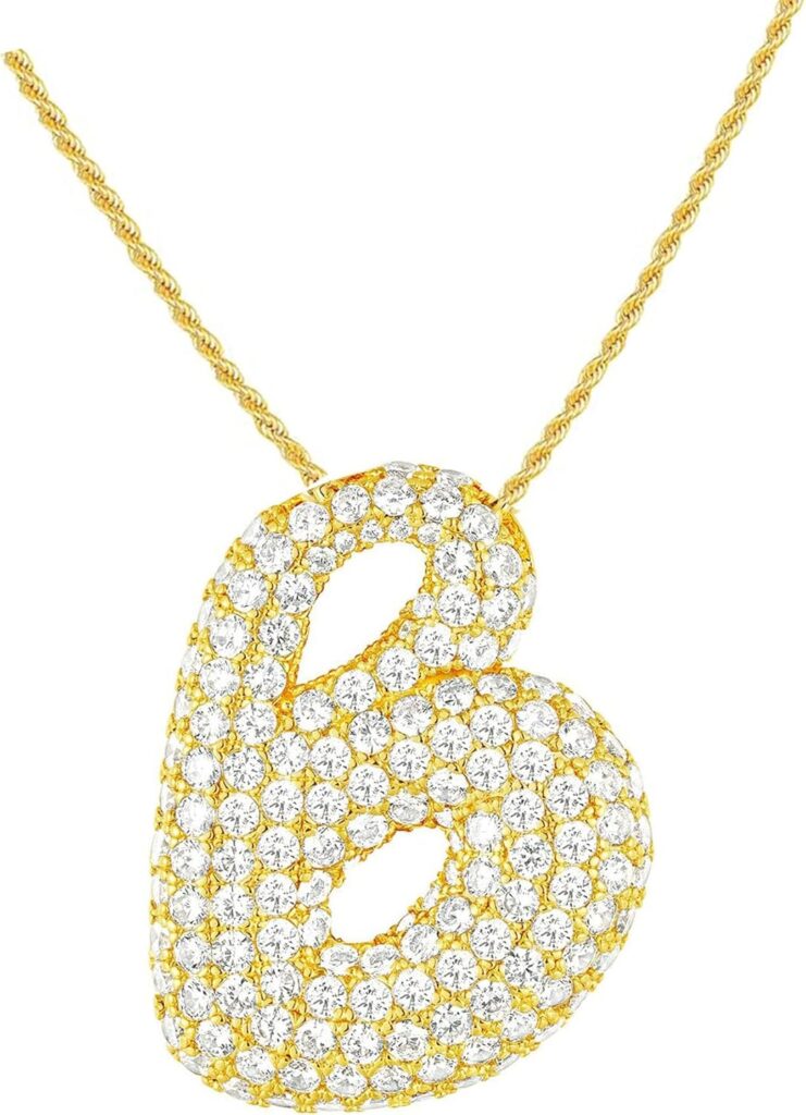Bubble Letter Necklace, 18K Gold Plated Balloon Initial Pendant Twist Rope Chain Necklace Dainty Puffy Name Personalized Zirconia Jewelry Gift for Women