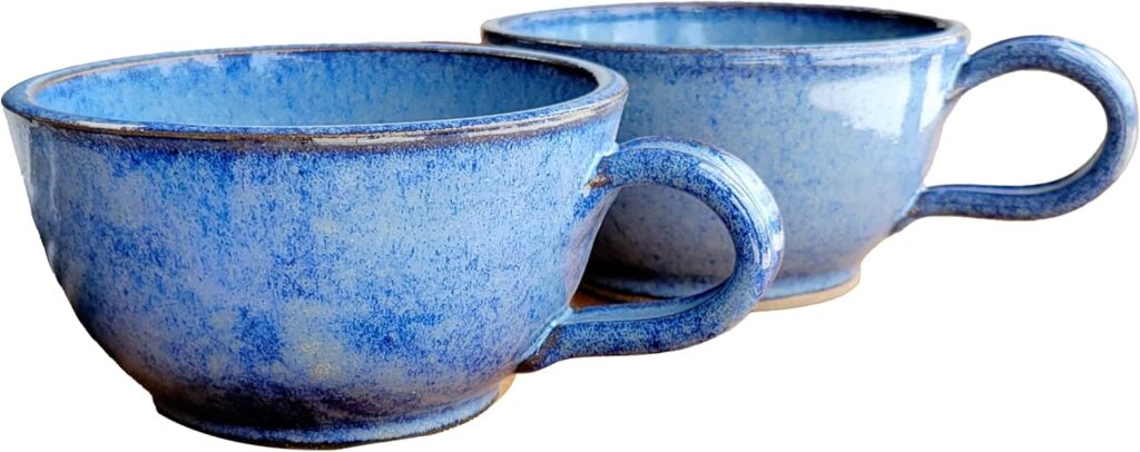 Farmhouse Style Soup Bowls with Handles Set of 2 Deep Large – Hanging Kitchen Chowder Mugs – Handmade Pottery Decor (Variegated Blue)