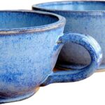 Farmhouse Style Soup Bowls with Handles Set of 2 Deep Large – Hanging Kitchen Chowder Mugs – Handmade Pottery Decor (Variegated Blue)