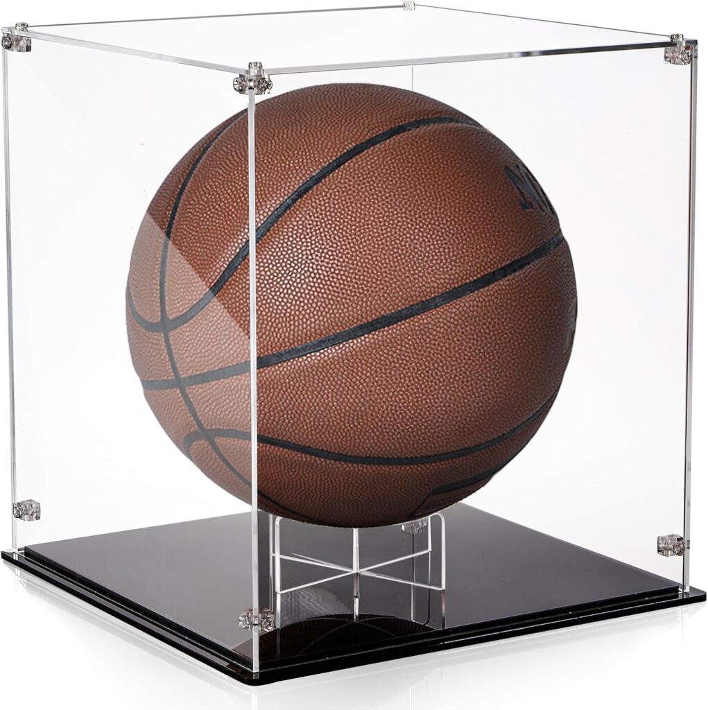 Basketball Display Case, Clear Acrylic Football Holder with Black Stand, UV Protected Soccer Ball Countertop Cube Box for Sport Collectibles, Autographed Souvenirs, Watch The Video to Assemble