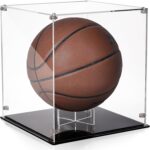 Basketball Display Case, Clear Acrylic Football Holder with Black Stand, UV Protected Soccer Ball Countertop Cube Box for Sport Collectibles, Autographed Souvenirs, Watch The Video to Assemble