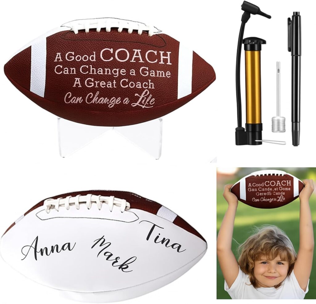 Seematn Autograph Printed Football with Acrylic Stand and Signature Pen Pump Thanks Football Coach Gift Set Two Panels Signature Official Size Coach Gifts for School College Graduation
