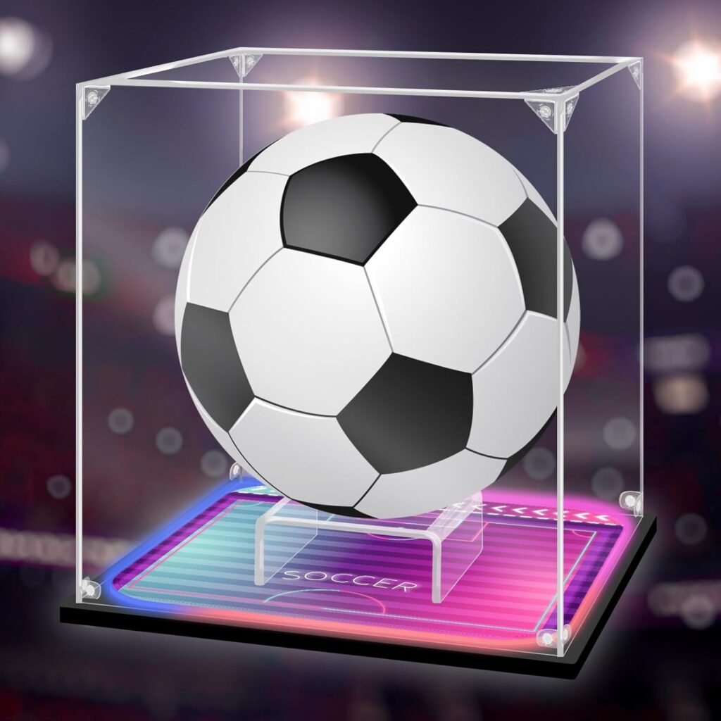 Soccer Ball Display Case with RGB LED, Removable Built-in Soccer Ball Display Stand, UV Protected, Acrylic Clear Box for Soccer Ball Fans & Collectors, Sports Collectibles(9.8*9.8*10.6 inch)