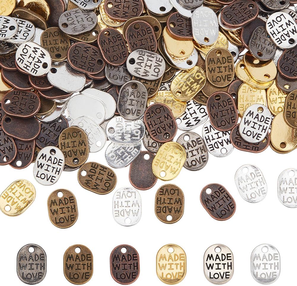 PH PandaHall 360 pcs 6 Colors Metal Handmade Tags, 11x8mm Made with Love Tag Pendant Charm Message Love Charms, Tibetan Style for Bracelet Necklace Earrings DIY Crafts Jewelry Making