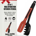 8-in-1 Silicone Kitchen Utensil Turner Spatula Spoon Tongs for Cooking – Nonstick Heat-Resistant Spoon Spatula, Slotted Turner, Server, Slicer, Masher, Pasta Fork and Herb Stripper for RVs and Camping