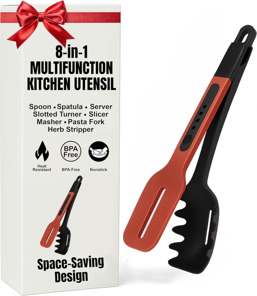 8-in-1 Silicone Kitchen Utensil Turner Spatula Spoon Tongs for Cooking – Nonstick Heat-Resistant Spoon Spatula, Slotted Turner, Server, Slicer, Masher, Pasta Fork and Herb Stripper for RVs and Camping