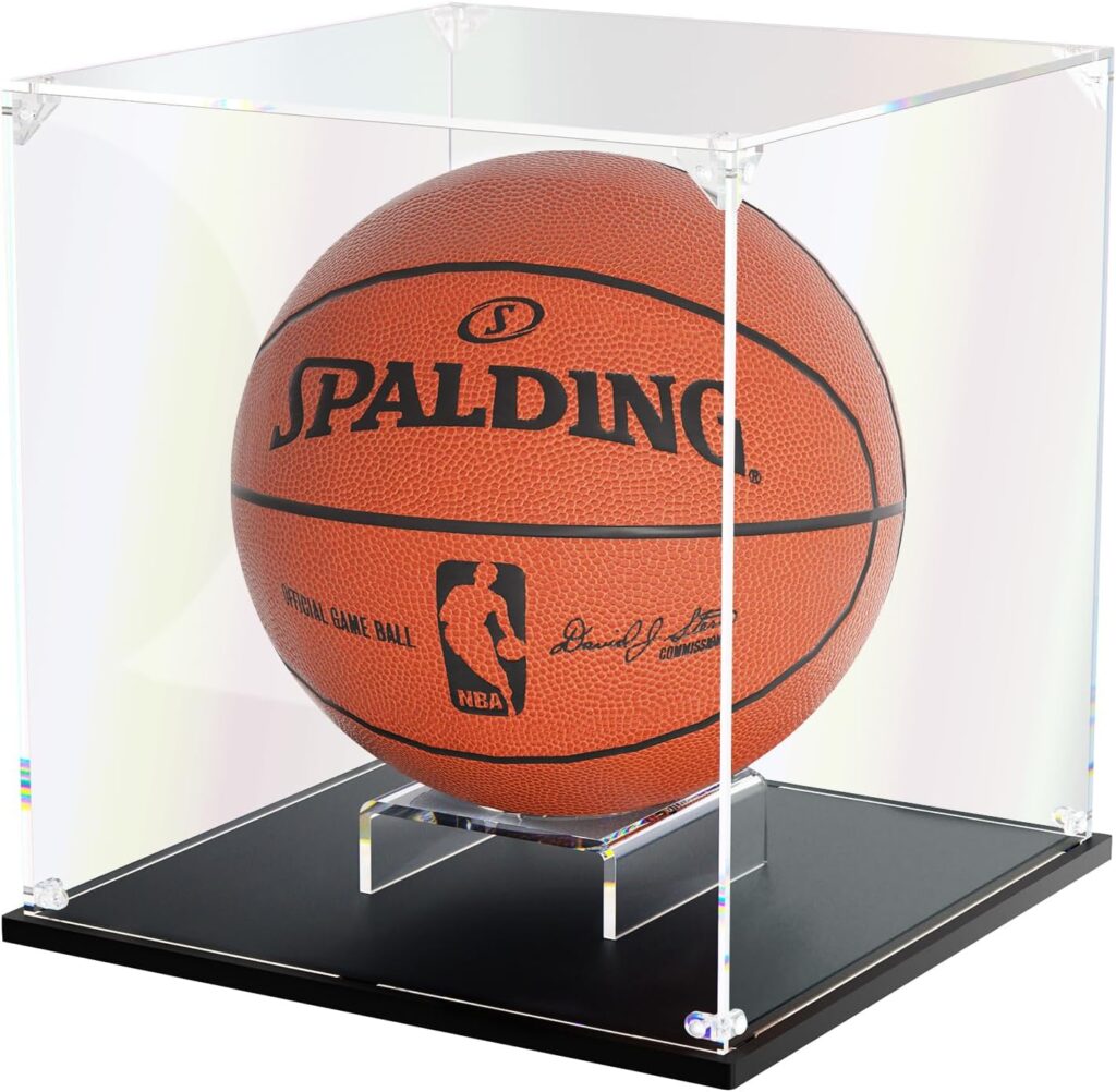 Basketball Display Case, Clear Acrylic Display Box for Full Size Basketball, Stand for Autographed Ball Showcasing, Watch The Video to Assemble (10.6×10.6×11.8 inch, 27x27x30 cm)