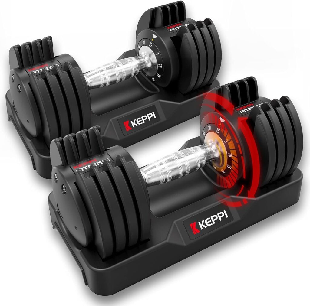 Keppi Adjustable Dumbbells Set-25lb/40lb/55lb/60lb, Anti-Slip Metal Fast Adjust Weight Handle, Exercise & Fitness for Full Body Workout – Adjustable Dumbbell Series