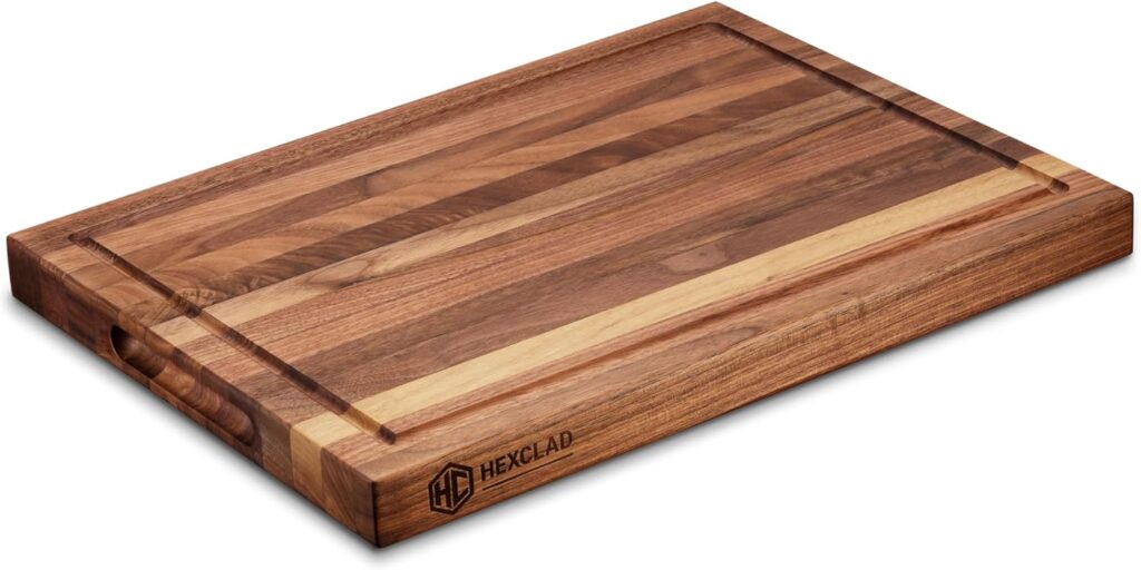 HexClad Medium Walnut Cutting Board, Double-Sided with Juice Groove & Recessed Handles, Durable, Scratch-Resistant Hardwood, Great for Chopping, Carving & Serving, 11.75″x15.75″
