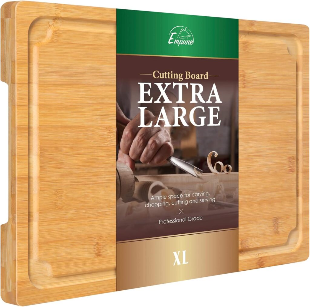 Extra Large Cutting Board, 17.6″ Bamboo Cutting Boards for Kitchen with Juice Groove and Handles Kitchen Chopping Board for Meat Cheese board Heavy Duty Serving Tray, XL, Empune