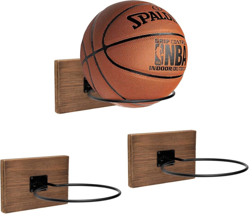 GENMOUS Set of 3 Wood Basketball Holder Wall Mount Display for Boys Room Decor, Metal Ball Rack Display Stand for Basketball Football Volleyball Storage, Basketball Rack Sports Decor for Boys Bedroom