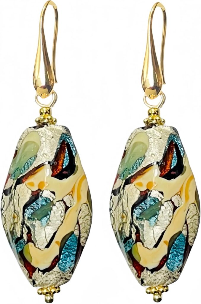 Colorful Murano Glass Earrings, Elegant Multicolor (Teal Green Blue Silver) Murano Jewelry, Artistic Random Splashes Drop Dangle Earrings for Women Trendy
