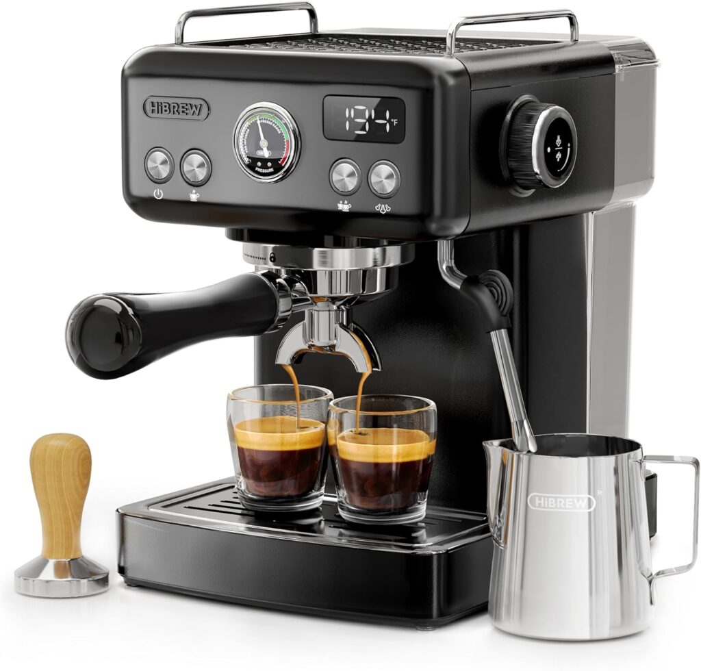 HIBREW H10A – 58mm Espresso Machine, Stainless Steel Body with Milk Frother, Customizable Settings, Smart Display + 20 Bar Pressure Gauge. (Black)
