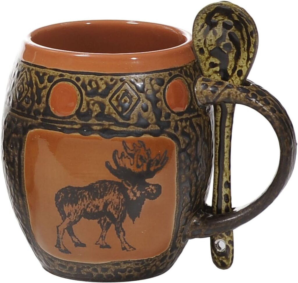 ALWAYS AZUL POTTERY Moose Coffee Mug with Spoon in Coral Glaze – Handmade Ceramic Coffee Mug – Stylish and Unique Handcrafted Artistic Drinkware – Polished Clay Cups, Great for Coffee, Tea, and More