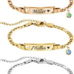 Custom Name Bar ID Bracelets, Personalized 18k Gold Plated Engrave Charm Bracelet with Name Birthstone,Customized Birthday Christmas Mother’s Day Gifts for Women Girls Mom-Adjustable Length