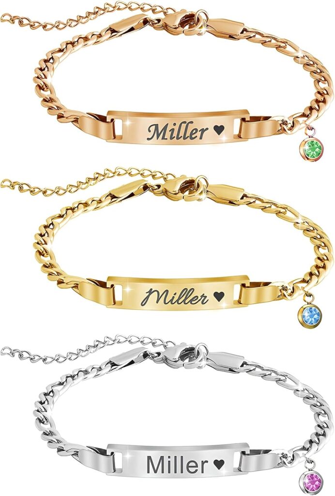 Custom Name Bar ID Bracelets, Personalized 18k Gold Plated Engrave Charm Bracelet with Name Birthstone,Customized Birthday Christmas Mother’s Day Gifts for Women Girls Mom-Adjustable Length
