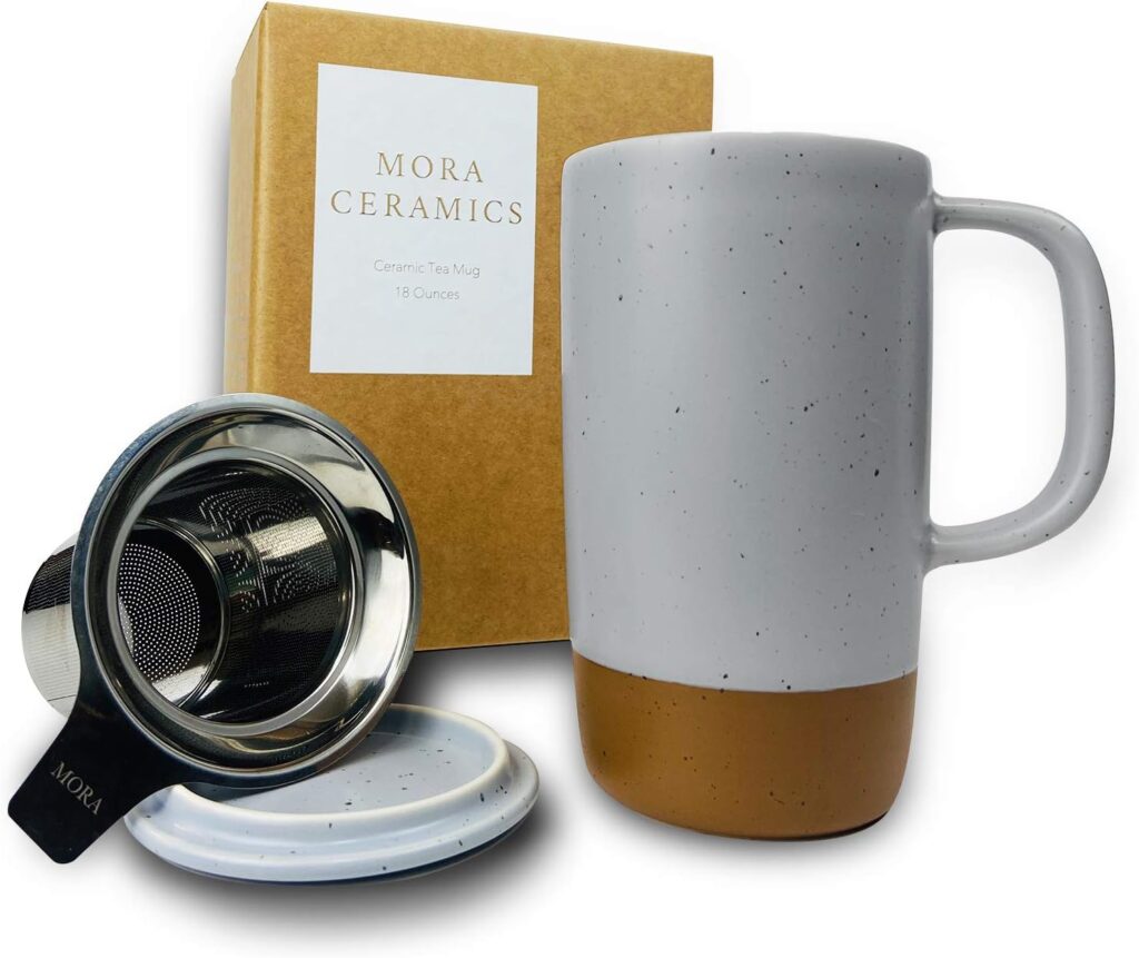 Mora Ceramics Large Tea Mug with Loose Leaf Infuser and Ceramic Lid, 18 oz, Portable, Microwave and Dishwasher Safe, Tall Coffee Cup – Rustic Matte Ceramic Glaze, Modern Herbal Tea Strainer, Sleet