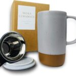 Mora Ceramics Large Tea Mug with Loose Leaf Infuser and Ceramic Lid, 18 oz, Portable, Microwave and Dishwasher Safe, Tall Coffee Cup – Rustic Matte Ceramic Glaze, Modern Herbal Tea Strainer, Sleet