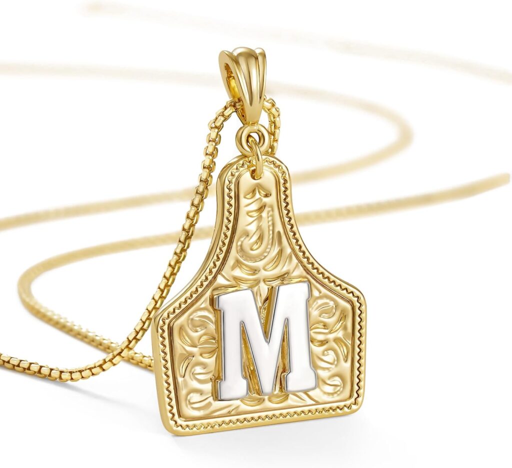 KissYan Western Cowgirl Initial Necklace for Men Women, 14K Gold Plated Cowboy Letter Pendant Necklace Handmade CowTag Two-Toned Jewelry Gift