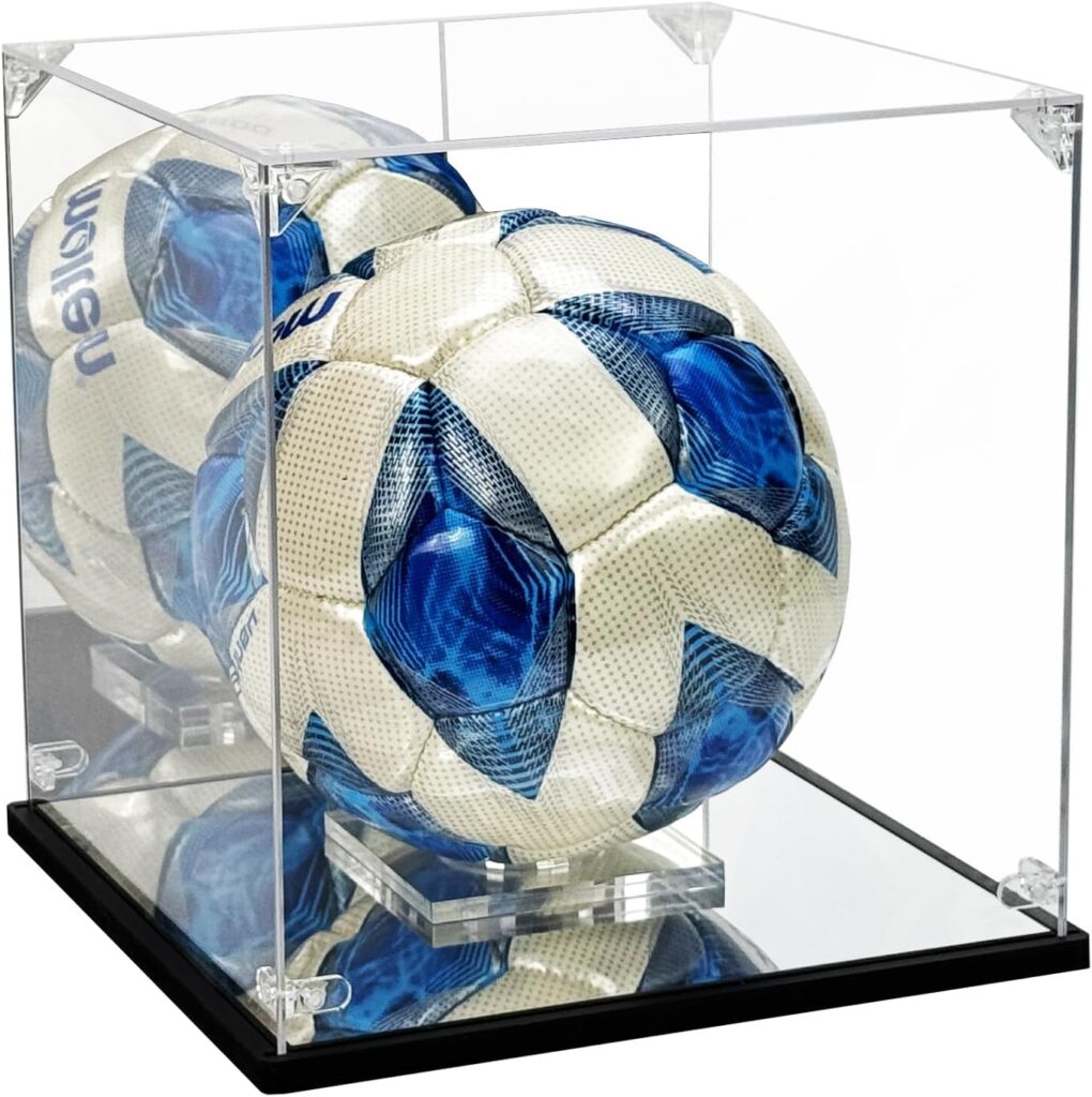 Soccer Ball Display Case – Premium Acrylic Clear Soccer Show Case – Mirror Back & Base, Easy Assembly, Removable Stand.FIts Basketball and Volleyball (10.5″ L x 10.5″ W x 10.8″ H)