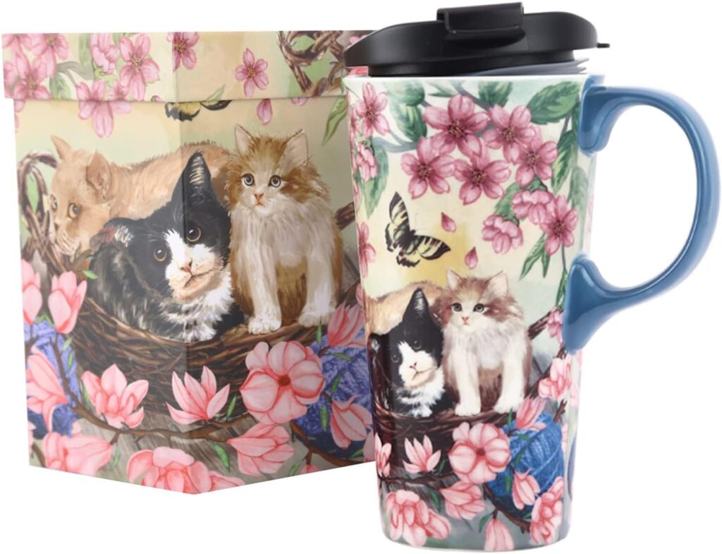 DUSVALLY Ceramic Mug Tall Coffee Cup with Lid, Porcelain, Tea Cup with Handle for Latte, Cappuccino and Cocoa, Home and Office Coffee Cups, Art Pattern in Color Box, 17 oz, Flower and Cat
