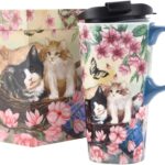 DUSVALLY Ceramic Mug Tall Coffee Cup with Lid, Porcelain, Tea Cup with Handle for Latte, Cappuccino and Cocoa, Home and Office Coffee Cups, Art Pattern in Color Box, 17 oz, Flower and Cat