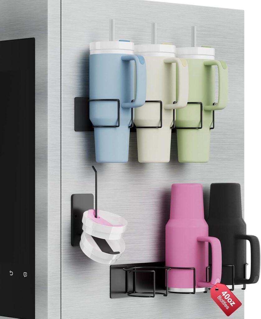 Magnetic Stanley Cup Holder for Refrigerator, Water Bottle Organizer for Stanley 40 oz with Tumbler Lid Organizer, Kitchen Pantry Organizers and Storage for Stanley Cup Accessories