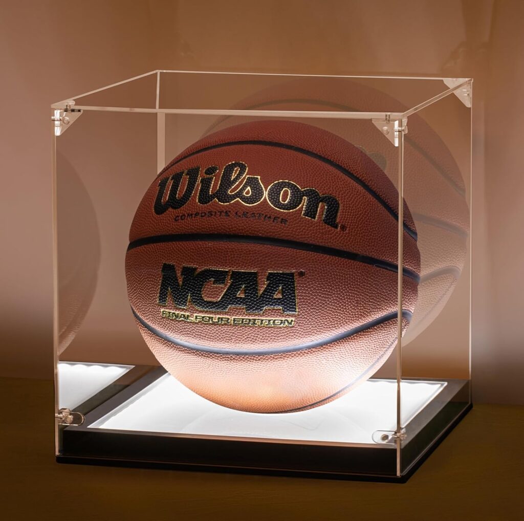 Basketball Display Case with Light, UV Protection Clear Acrylic Basketball Box Full Size with Solid Wood Base, LED with USB Soccer Stand for Autographed Ball Ideal Gift (Avoid Fast Charging Plug)
