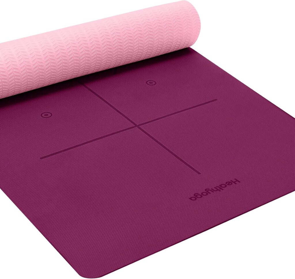 Heathyoga Eco Friendly Non Slip Yoga Mat, Body Alignment System, SGS Certified TPE Material – Textured Non Slip Surface and Optimal Cushioning,72″x 26″ Thickness 1/4″
