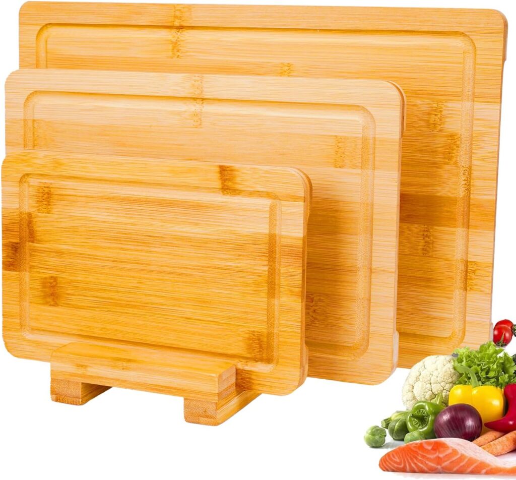 Cutting Boards for Kitchen,Wood Cutting Board Set of 3,Thick Wooden Chopping Board with Holder,Bamboo Cutting Boards Dishwasher Safe, Butcher Block Cutting Board for Meat