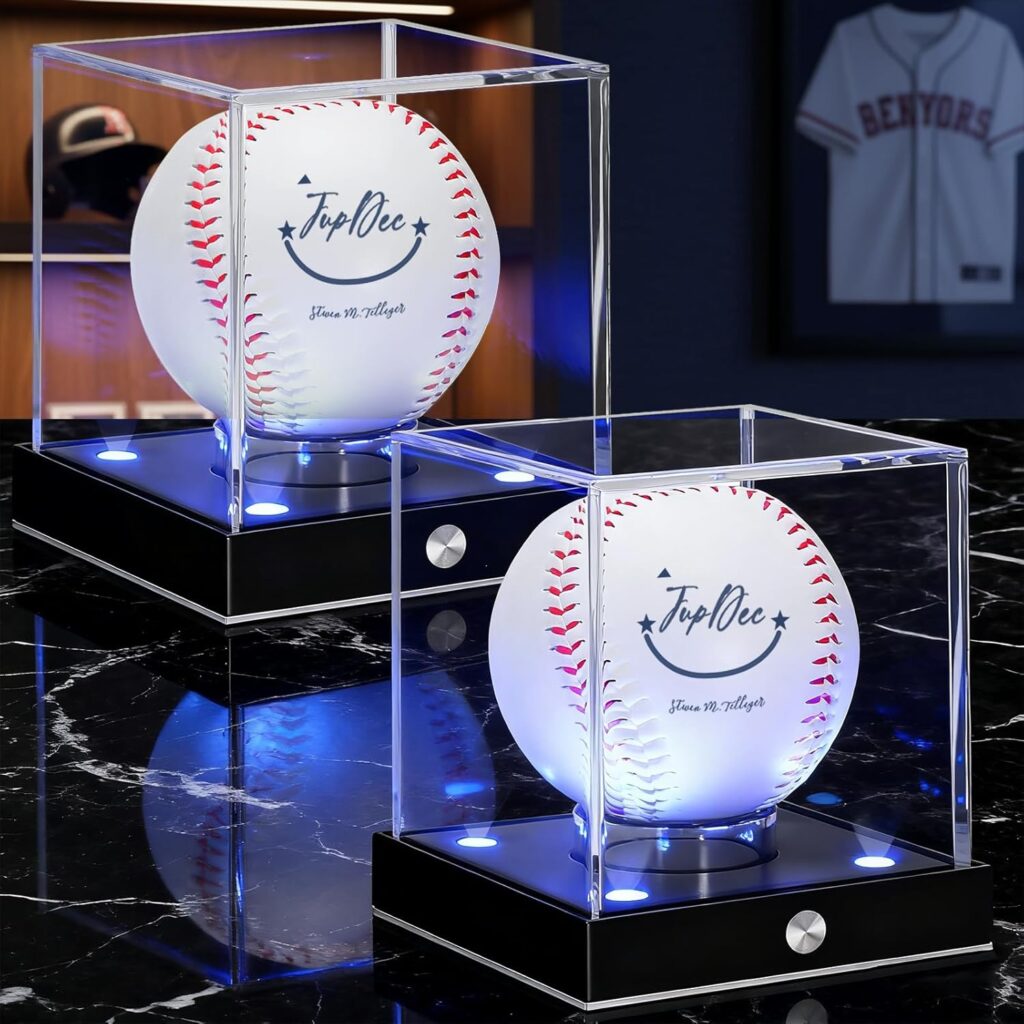 JupDec Baseball Display Case Led, Clear Cube Baseball Holder with Memory Function, Autograph Stand Box for Single Ball with 10 Color Light Up, Ideal Gift for Collector & Sports Fans, Silvery, 2 Pack