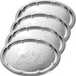 4 Pcs Large Silver Serving Trays, 15.7″ x 11.8″ Stainless Steel Oval Serving Tray, Decorative Silver Plates, Oval Floral Engraved Tray, Metal Sizzler Plates for Coffee Table, Bar, Party, Club, Home