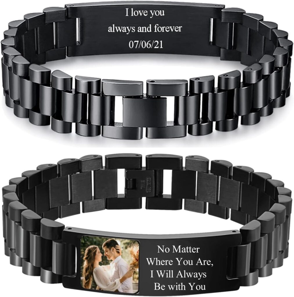 Personalized Picture Bracelet for Men – Free Engraved Customized Colored Photo Bracelet,Hypoallergenic Stainless Steel Adjustable Wristbands,Custom Engraving Photo/Text/Name Jewelry Gifts for Him