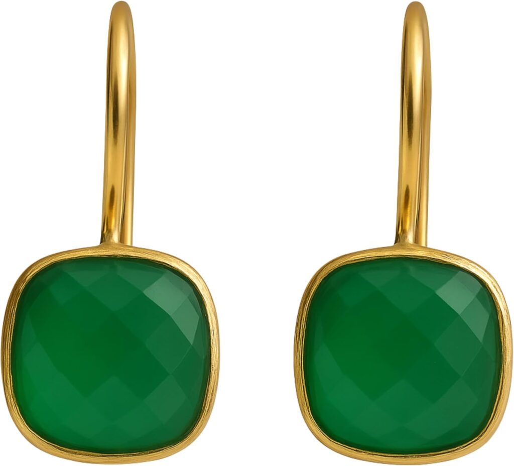 Green Onyx Cushion Cut Gold Plated Sterling Silver Drop Earrings – Handmade Jewelry Gift Ideas for Women – Natural Gem Gemstone – Birthday Valentine’s Mother’s Day Gift