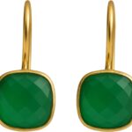 Green Onyx Cushion Cut Gold Plated Sterling Silver Drop Earrings – Handmade Jewelry Gift Ideas for Women – Natural Gem Gemstone – Birthday Valentine’s Mother’s Day Gift