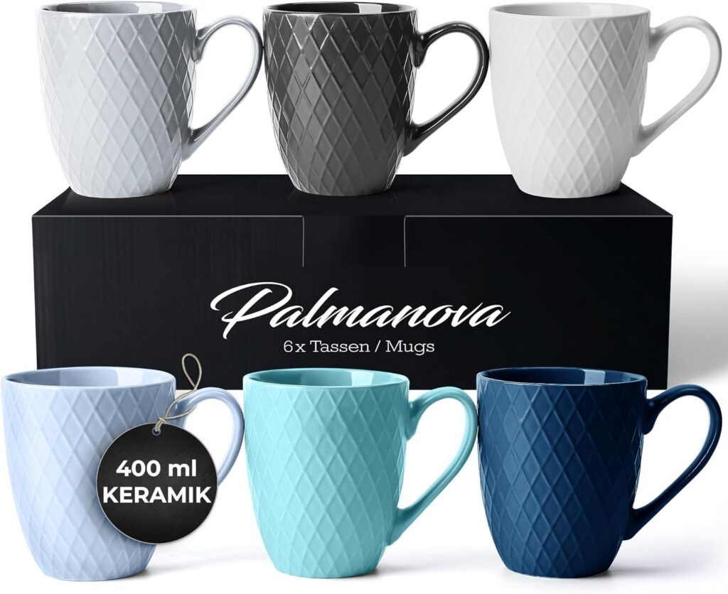 MIAMIO – Coffee Mugs set of 6 / Coffee Cups – 6 x 14 Oz Ceramic Mugs – Large Coffee Mugs – Microwave & Dishwasher safe – Palmanova Collection (Blue)