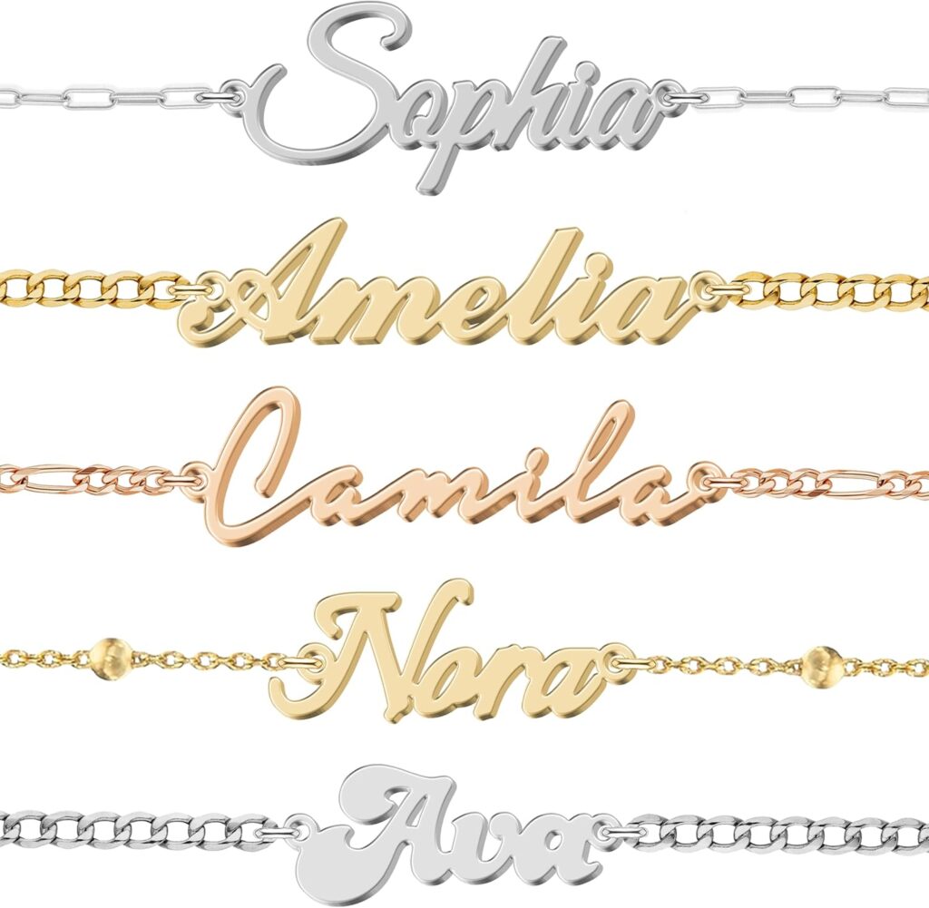 Personalized Name Bracelet | Stainless Steel/Sterling Silver | 14 Font Styles | Gift Box Included- Non-Tarnish, Hypoallergenic – Gift for Birthdays, Christmas, Mother’s Day – Suitable for Women, Girls, Men