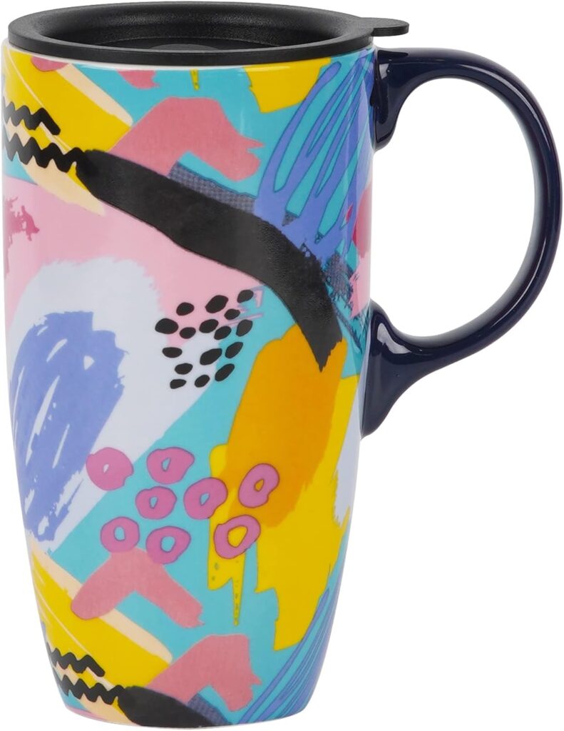 Topadorn Coffee Ceramic Mug Porcelain Latte Tea Cup With Lid 17oz., Doodle