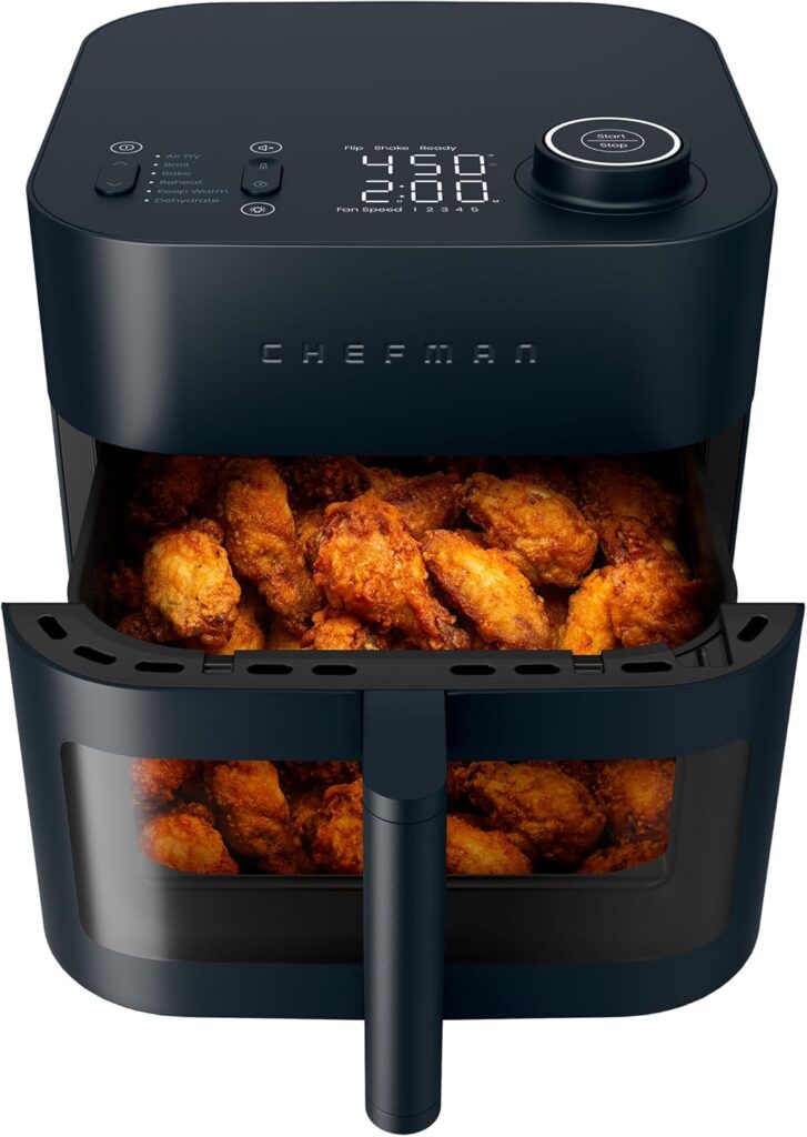 Chefman Crispinator Air Fryer 6-in-1 with 8 Qt capacity, 450°F Max Temp with TurboFry Pro Technology for Fast and Even Results, Viewing Window, Nonstick Ceramic Basket, 10-Pc Liner Starter Pack